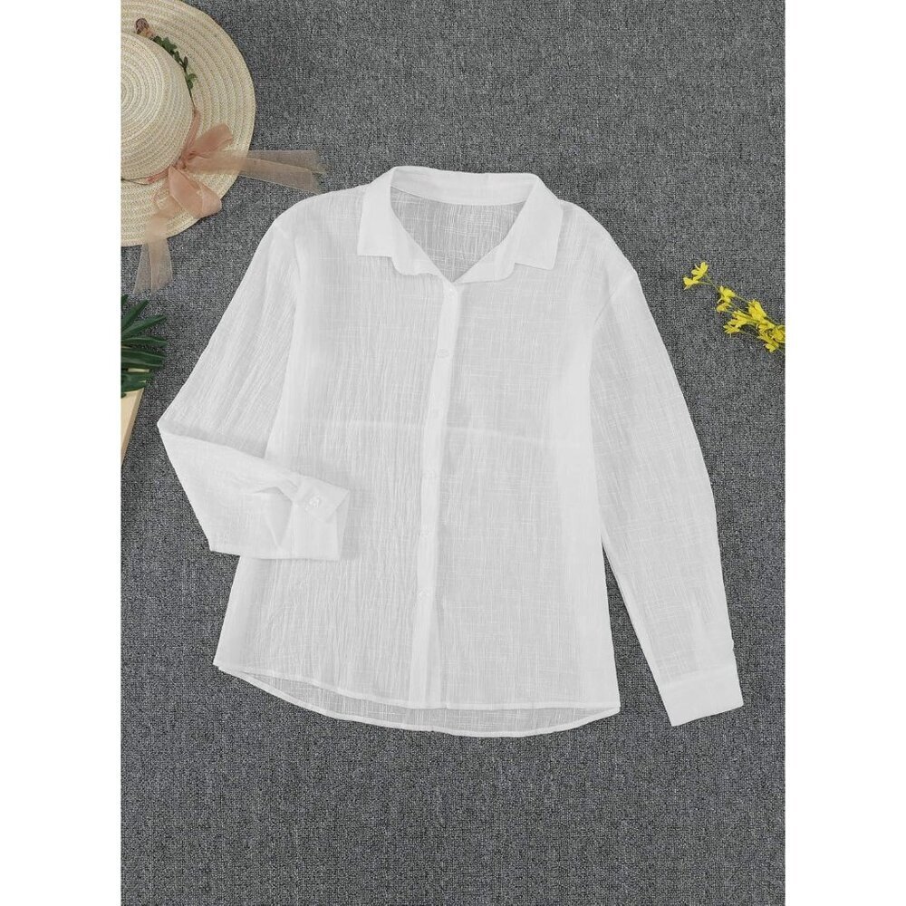 Women's V Neck Blouse Cotton Large Long Sleeve Collared Roll-up Southwest - Picture 4 of 4